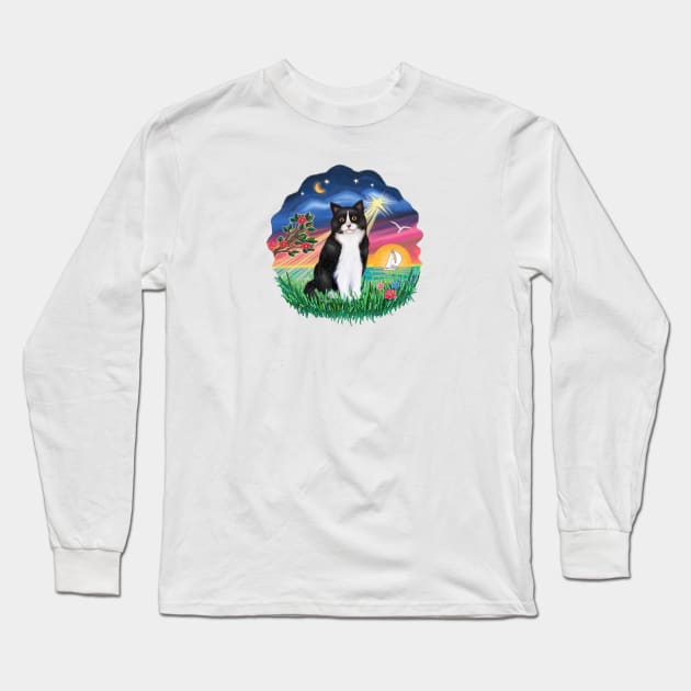 Black and White Tuxedo Cat in "Wish Star" Long Sleeve T-Shirt by Dogs Galore and More